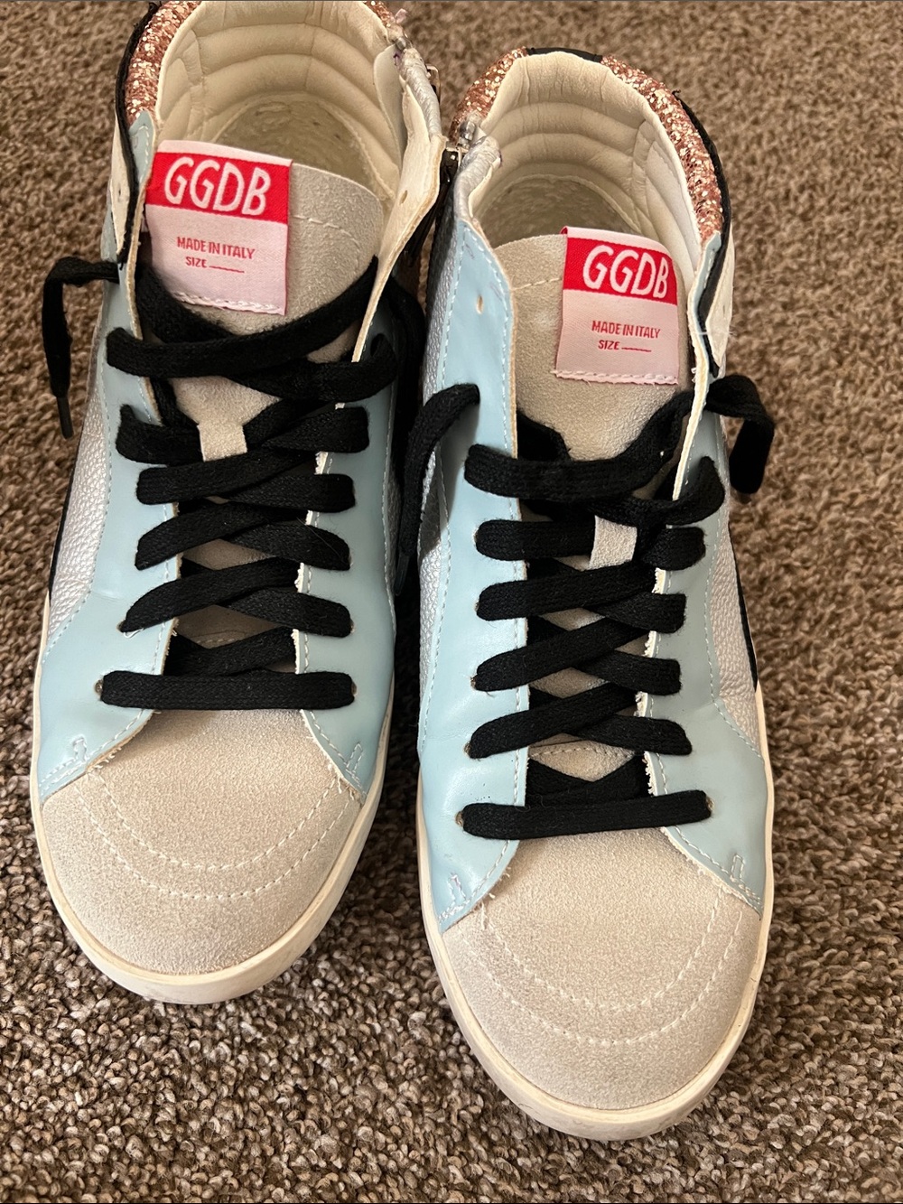 Light Blue, Beige & Pink Glitter High-Top Sneakers